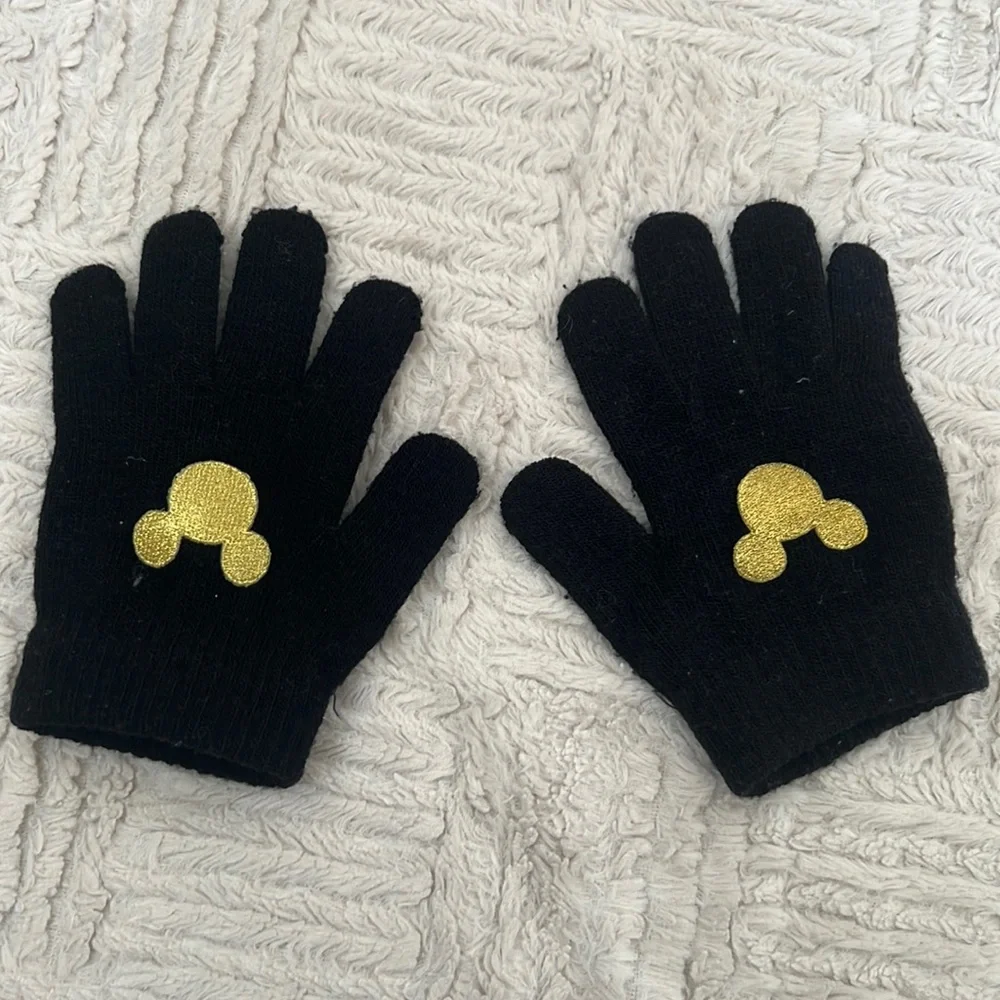 Black stretch knit gloves with gold color embroidered Mickey Mouse One size